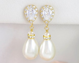 CREAM PEARL CLIPON Earrings Gold Ivory Teardrop Pearl Nonpierced Dangle Earrings, Non-Pierced Ivory Pearl Clipon Wedding Earrings CL1081