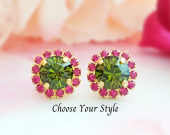 HOT PINK & SAGE Rhinestones Olive Green Stud Earrings, Gold Fuchsia Gem Jewelry, Tourmaline Crystal Cluster Studs, Choose Your Style E3329