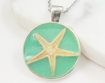 SILVER STARFISH NECKLACE, Ocean Bridal Party Proposal Jewelry, Green Turquoise Beach Bridesmaid Ask Gift Mint Starfish, Seashell Drop N1216A