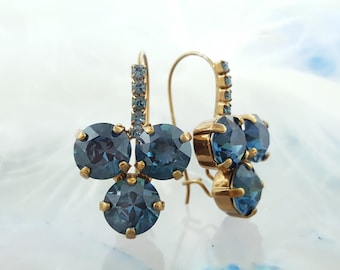 Montana Blue Crystal Drops Antique Gold Sapphire Dangle Earrings, Sparkly Navy Blue Rhinestone Jewelry Gift, Blue Statement Droplets E9392