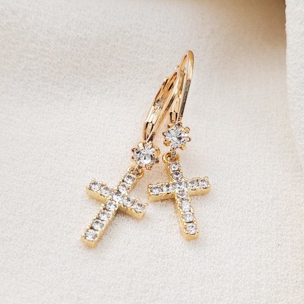 GOLD DIAMOND CROSS Earrings Tiny 16K Cubic Zirconia Crystals, Catholic Crosses, Christian Jewelry Gift, Small Boho Confirmation Drops E5570