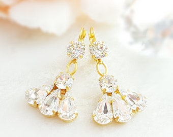 DIAMOND DANGLE EARRINGS Made With Swarovski Crystals, Gold Dangling Clear Drops, Teardrop Bridal Jewelry, White Rhinestone Earrings E3392