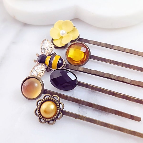 HONEYBEE HAIR CLIP Yellow Rose Bobby Pin Set of 6, Jet Black Crystal Hairpin, Clear Rhinestone Gold Floral Pearl Honey Bee, Cute, H4217C