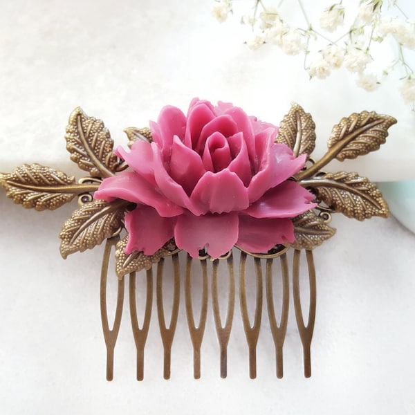 Dark Purple Flower Hair Comb with Leaves, Burgundy Wedding Hairpiece, Fuchsia Floral Side Slide, Magenta Bridesmaid, Maid Honor Gift H2015A