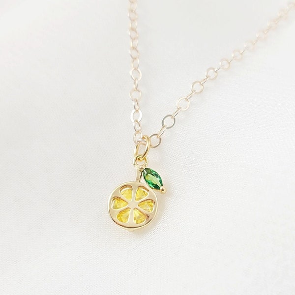 LEMON NECKLACE GOLD Filled Fruit Charm Pendant, Tiny Yellow and Green Cubic Zirconia Lemon with Leaves, Citrine & Emerald Cz Stones N6432A