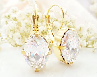 Iridescent Bridal Earrings GOLD DANGLING DIAMOND Crystal Drop Earrings, Color-Changing Rainbow Rhinestones, Oval Jewelry Gift for Her E3576