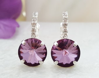 TANZANITE CRYSTAL EARRINGS Silver Dangling Amethyst Drop, Plum Mauve Stones, Clear Diamond Rhinestone Dangles, Violet Alexandrite Gift E3024