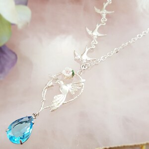 Aquamarine Crystal Necklace with White Rose and Blue Teardrop, Silver Dove Birds, Blue Topaz Jewelry Gift for Her, Aquamarine Necklace N5717