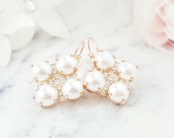 Ivory Pearl Earrings WHITE PEARL CLUSTER Drops, Clear Swarovski Crystals, Rose Gold Diamond Dangle, Blush Bridal Jewelry E3896