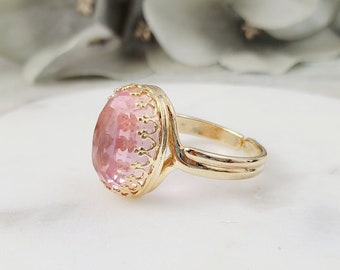 Oval Pink Diamond Ring Gold Morganite Crystal Ring, Faceted Rose Quartz Pink Ring, One-Size-Fits-All Glass Ring, Gold Victorian Ring R2051B