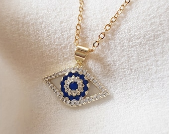 EVIL EYE NECKLACE 14K Goldfilled Sapphire & Diamond Cubic Zirconia Evil Eye Gold Pendant, Navy Blue Boho Jewelry Gift N5183