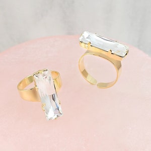 Baguette Ring Horizontal or Vertical Clear Crystal Ring, BAGUETTE Faceted Rectangle Stone, Big Gold Ring Rectangular Princess Cut R3062