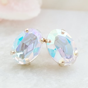 OVAL DIAMOND EARRINGS Gold Translucent Crystal Studs, Big Clear Rhinestone Jewelry Gift for Her, Sparkling Bridal Party Presents E3456