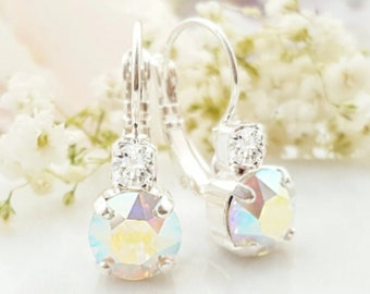 Aurora Borealis Earrings Iridescent Earrings Dangle, Silver Rainbow Crystal AB Drops, White Color-Changing Rhinestones, Jewelry Gift E3224A