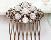 CRYSTAL WEDDING HAIRPIECE, Clear Rhinestone Side Hair Comb, Big Sparkly Slide Victorian Brass Hair Piece Vintage Bridal Proposal Gift H2049A