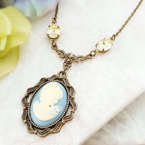 CAMEO NECKLACE VICTORIAN Blue Pendant, Citrine Yellow Oval Crystals, Oval Topaz Jewelry Gift, Vintage-Style Mother of the Bride Gift N6200