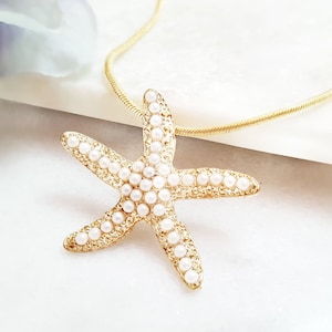 GOLD STARFISH NECKLACE, Large Starfish Beach Bridal Party Jewelry Gifts for Her, Ivory Pearl Seashell Pendant Ocean Wedding Party Ask N2477