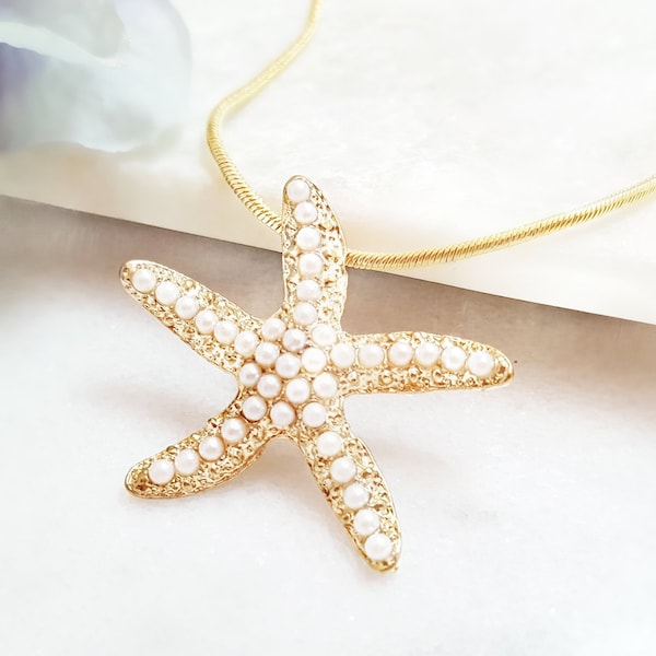 GOLD STARFISH NECKLACE, Large Starfish Beach Bridal Party Jewelry Gifts for Her, Ivory Pearl Seashell Pendant Ocean Wedding Party Ask N2477