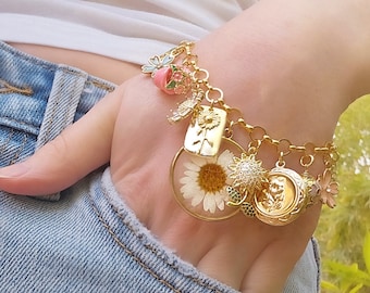 Gold Charm Bracelets for Women Beaded Charm Bracelet Dangle, Butterfly Bracelet with Locket Photo Charm, 14K Gold Chain, Cute Daisy B3035