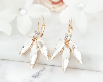 ROSE GOLD BRIDAL Earrings Made w/ Swarovski Crystals, White Marquise Diamond Dangles, Clear Rhinestone Teardrops, Art Deco Drops CE10017