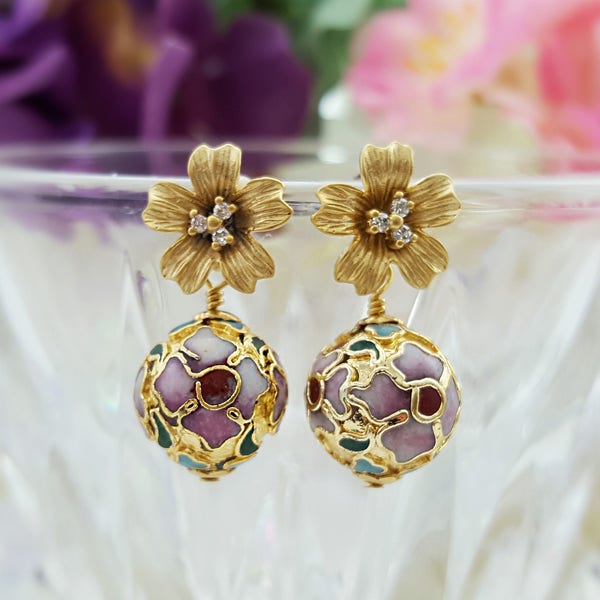 CLOISONNE EARRINGS GOLD Vintage Flower Dangles, Enameled Floral Drops Cubic Zirconia, Garden Wedding Jewelry Gift, Diamond Lily Studs E4215