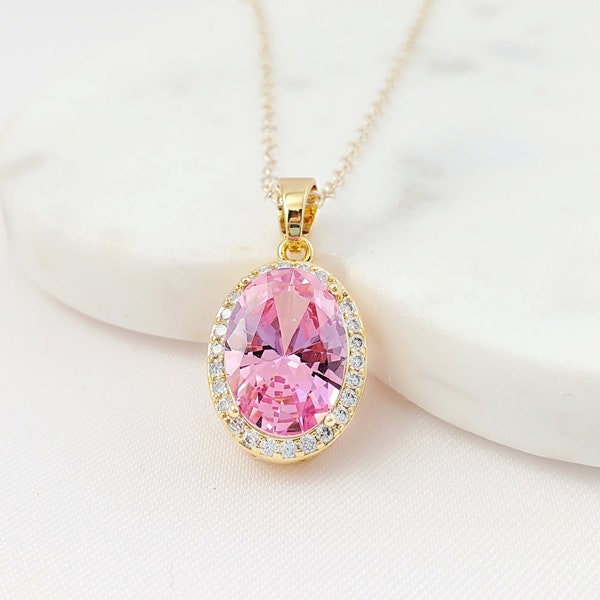 PINK CZ NECKLACE, Goldfilled Cubic Zirconia Crystal Pendant Emerald, Sapphire, Tourmaline, Yellow Topaz, Red Garnet, Morganite Bridal N2836A