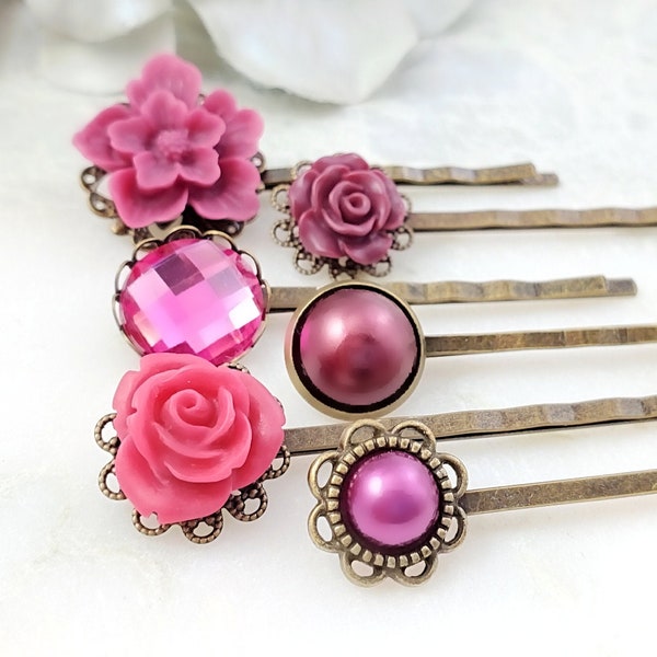 MAROON BOBBY PINS, Set of 6 Fuchsia Hairpins, Decorative Vintage Hair Slides, Braid Accessory, Pink Floral Burgundy Pearl Hair Clips H4012A