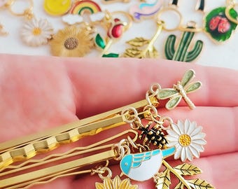 Custom Gold Charm Bobby Pin GRAB BAG, Choose Your Charms, 6 or 12 Gold Hair Rings, Charm Hair Dangles, Floral Hairpin Set, Gemsicles HR1025