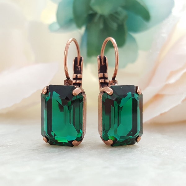 EMERALD CRYSTAL EARRINGS Green Baguette Drops, Big Green Copper Dangles Rectangle Faceted Stones May Birthstone Jewelry Gift for Her E3980A