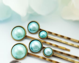 Light Blue Bobby Pins, Set of SIX TURQUOISE HAIRPINS, Decorative Aqua Hair Pins, Round Pearl Braid Accessory, Antique Bronze Slides H4208
