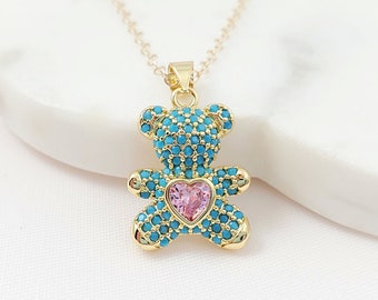 TEDDY BEAR NECKLACE Gold Filled Cubic Zirconia Pendant, Aquamarine Diamond Cz Teddy Bear Jewelry Gifts for Women Romantic I Love You N5229