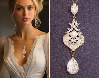 Wedding Backdrop Necklace Bridal Jewelry Set, Statement Chandelier Earrings, Diamond Hair Piece for Bride, Cubic Zirconia Bracelet, S2001