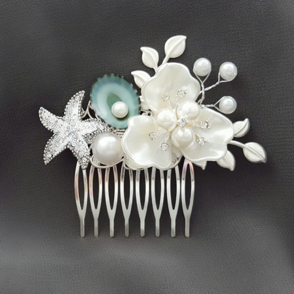 Beach Wedding Hair Accessory, STARFISH HAIR COMB, Silver Seashell Slide, White Pearl Bridal Hairpiece, Ivory Pearl in Limpet or Conch H2073