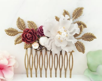 Maroon & White Hair Comb, Floral Bridesmaid, Red Roe Wedding, IRIDESCENT CRYSTAL AB, Ivory Pearl Side Slide, Big Grey Flower Haircomb H2091