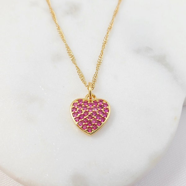GOLD HEART NECKLACE Pink Sapphire Cz Heart-Shaped Pendant, Ruby Pink Heart Charm Jewelry Gifts, Pink Crystal Cubic Zirconia Diamond N2027A