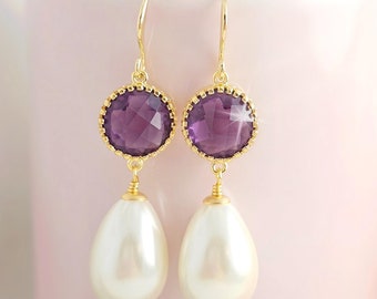 AMETHYST PEARL EARRINGS Pearl Teardrop Long Dangle Earrings, Purple Crystal Earrings, Ivory Pearl Bridal Gift, Gold Wedding Earrings E4217A