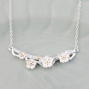 Silver Daisy Jewelry Set, Minimalist Bracelet, Necklace & Flower Ring, Cherry Blossoms with Gold Centers Branch Bracelet N1232A