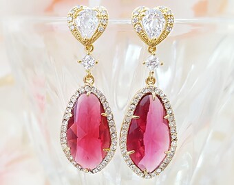 RED CRYSTAL TEARDROP Earrings, Gold Heart Dangles, July Ruby Tear Drop Birthstone Jewelry Gifts, Romantic Pave Diamond Cluster Drops E2468