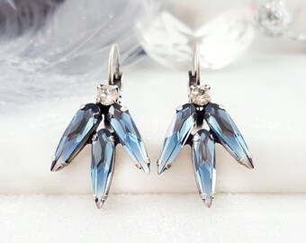 NAVY BLUE EARRINGS Montana Blue Crystal Teardrops, Sapphire & Diamond Earrings, Dark Silver Raindrop Rhinestone Teardrop Spike Dangles E3182