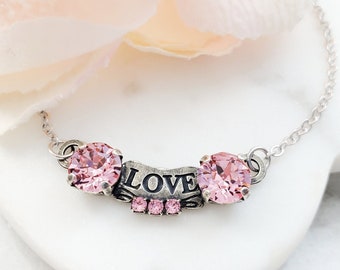 LOVE Letter Necklace To My Wife Soulmate Daughter Mother Girlfriend, Tourmaline Pink Crystal Necklace Gift Romantic Valentine For Her N3013