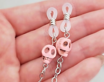 Pink Skull Eyeglass Holder Necklace or FACE MASK CHAIN, Reading Glasses Keeper, White Skull Day of the Dead or Halloween Gift for Her N5711A