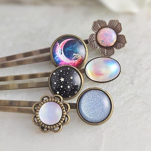 VINTAGE PINK FIRE Opal Hairpin Set of 6 Celestial Bobby Pins Galaxy Hair Clips, Blue Crystal & White Pearl Iridescent Hair Pins H4122D