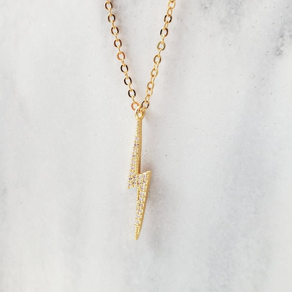 LIGHTNING BOLT NECKLACE Gold Cubic Zirconia Thunder Bolt Pendant, Small Rainy Day Crystal, Gold Jewelry Tiny Sparkly Celestial Charm N5134