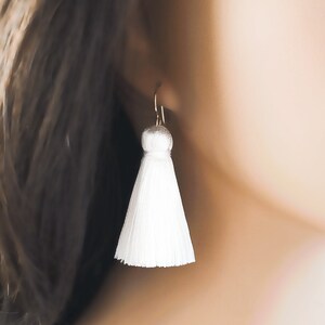 WHITE TASSEL EARRINGS Gold Filled Earwires, Ivory Silk Dangles, Long Dangling Tassle Earrings, Ladies Jewelry Gifts, Bohemian Bridal E5600