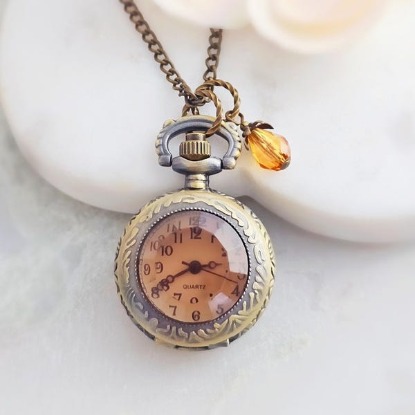 VICTORIAN Birthstone Clock Necklace, Watch Necklace, Bronze Clock Pendant, Traveler Gift, Vintage Style Clock Locket Long Necklace N6460A