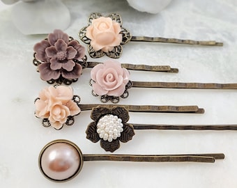 TAUPE BOBBY PINS, Set of 6 Peach Floral Hairpins, Decorative  display picture 3