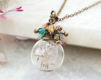 COLLAR DE DESEO DE DIENTE DE LEÓN, Joyería de flores secas en botella de vidrio, Botánica floral seca, Colgante de cristal, Auténticas semillas de diente de león N1177A