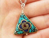 TURQUOISE Red CORAL Necklace for Women, OOAK Silver Lapis Lazuli Pendant, Boho Nepal Inlaid Stone Jewelry, Nepalese Handmade Pendant N7013