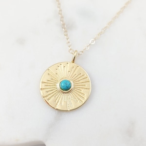 GOLD FILLED SUNBURST Necklace Blue Turquoise Aztec Sun Pendant, Starburst Jewelry Gifts for Her, Gold Celestial North Star Charm N5181A