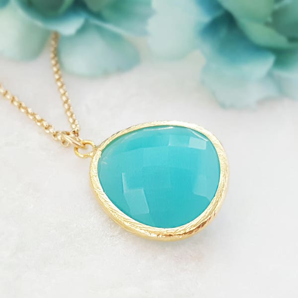 TURQUOISE NECKLACE GOLD Blue Opal Crystal Necklace, Large Mint Teardrop Pendant Big Faceted Glass Tear Drop Jewelry Gift Opaque Stone N2401